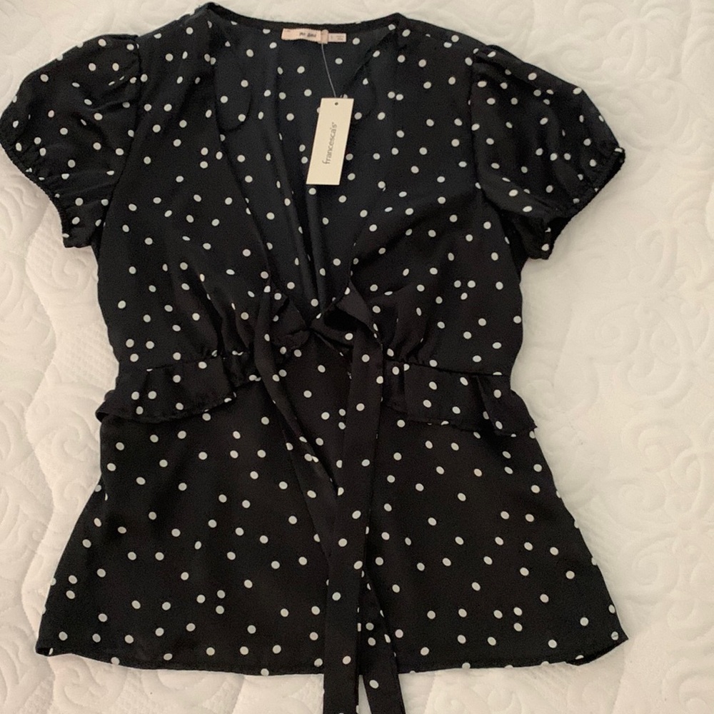 Francesca’s black and white polka dot babydoll top